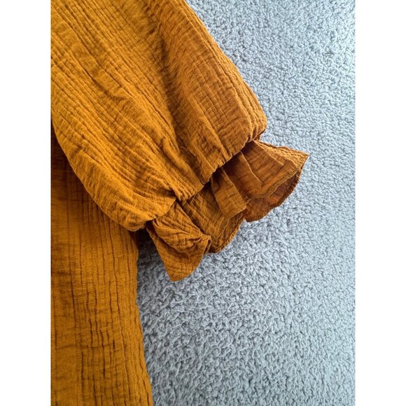 Zara Rust Textured Button-Up Blouse With Tie Neck & Ruffled Sleeves Size Medium - Picture 5 of 7